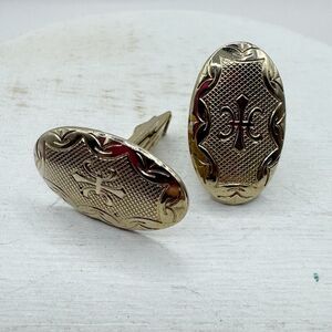 Vintage Fleur De Lis Textured Gold Tone Oval Cuff Links